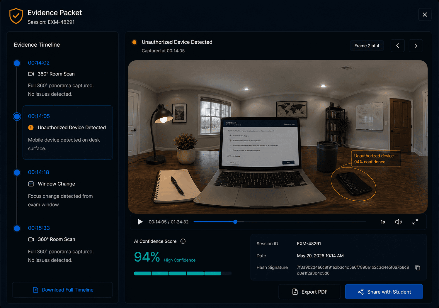 Human-reviewed exam integrity evidence packet with a timeline of session events, a flagged frame highlighting an unauthorized device at 94 percent AI confidence, and a hash signature awaiting human review