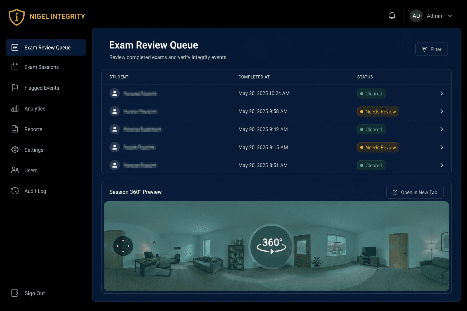 Nigel Integrity assessment integrity platform review dashboard showing an exam review queue with cleared and needs-review sessions above a 360-degree session preview